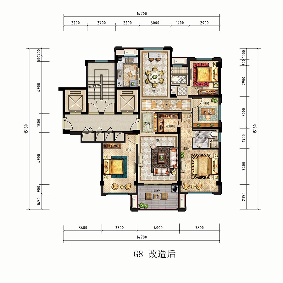 G8戶型 拓展后 建筑面積：135平米